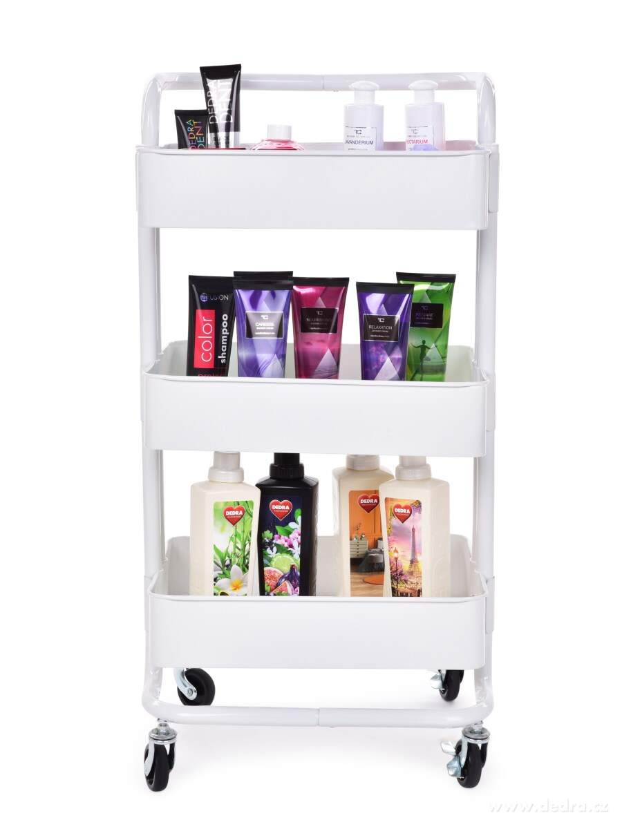 TROLLEY, celokovový pojízdný regál 3patrový, kovový vozík na kolečkách, výška 86 cm, bílý | Vychytávky pro skladování | Grand Móda