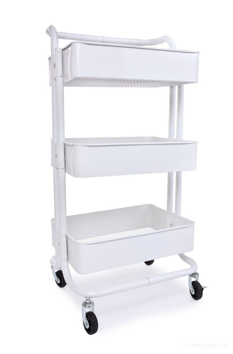 TROLLEY, celokovový pojízdný regál 3patrový, kovový vozík na kolečkách, výška 86 cm, bílý – náhled 2 | Grand Móda