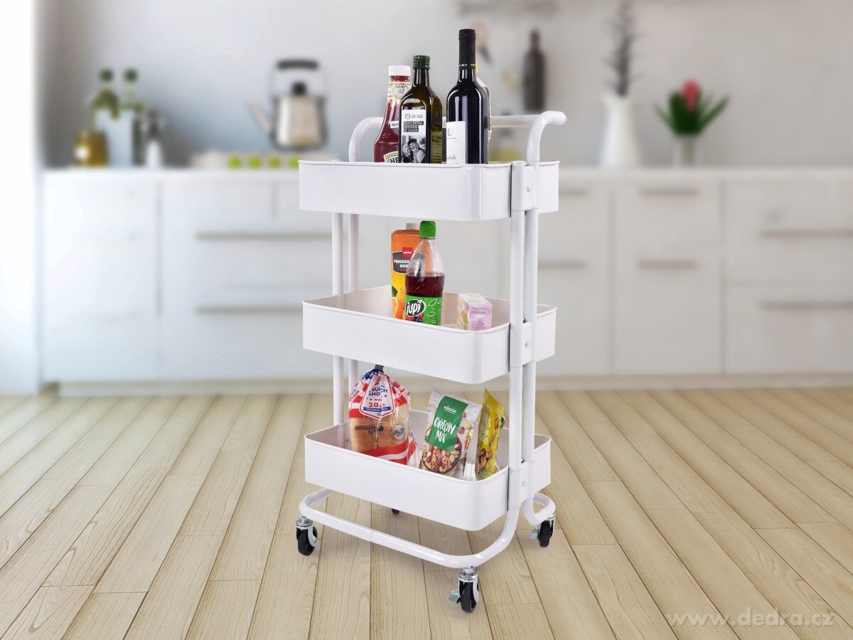 TROLLEY, celokovový pojízdný regál 3patrový, kovový vozík na kolečkách, výška 86 cm, bílý – náhled 3 | Grand Móda