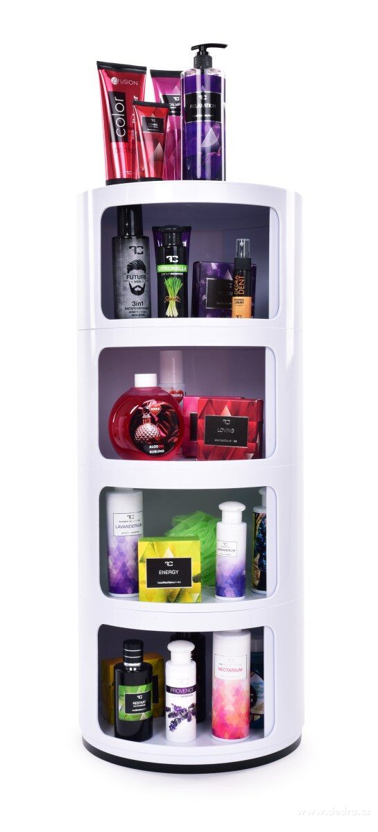 RONDO, kulatá skříňka se 4 policemi, designový stolek s posuvnými dvířky, výška 76 cm – náhled 2 | Grand Móda