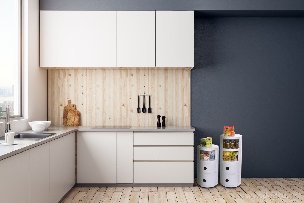 RONDO, kulatá skříňka se 4 policemi, designový stolek s posuvnými dvířky, výška 76 cm – náhled 3 | Grand Móda