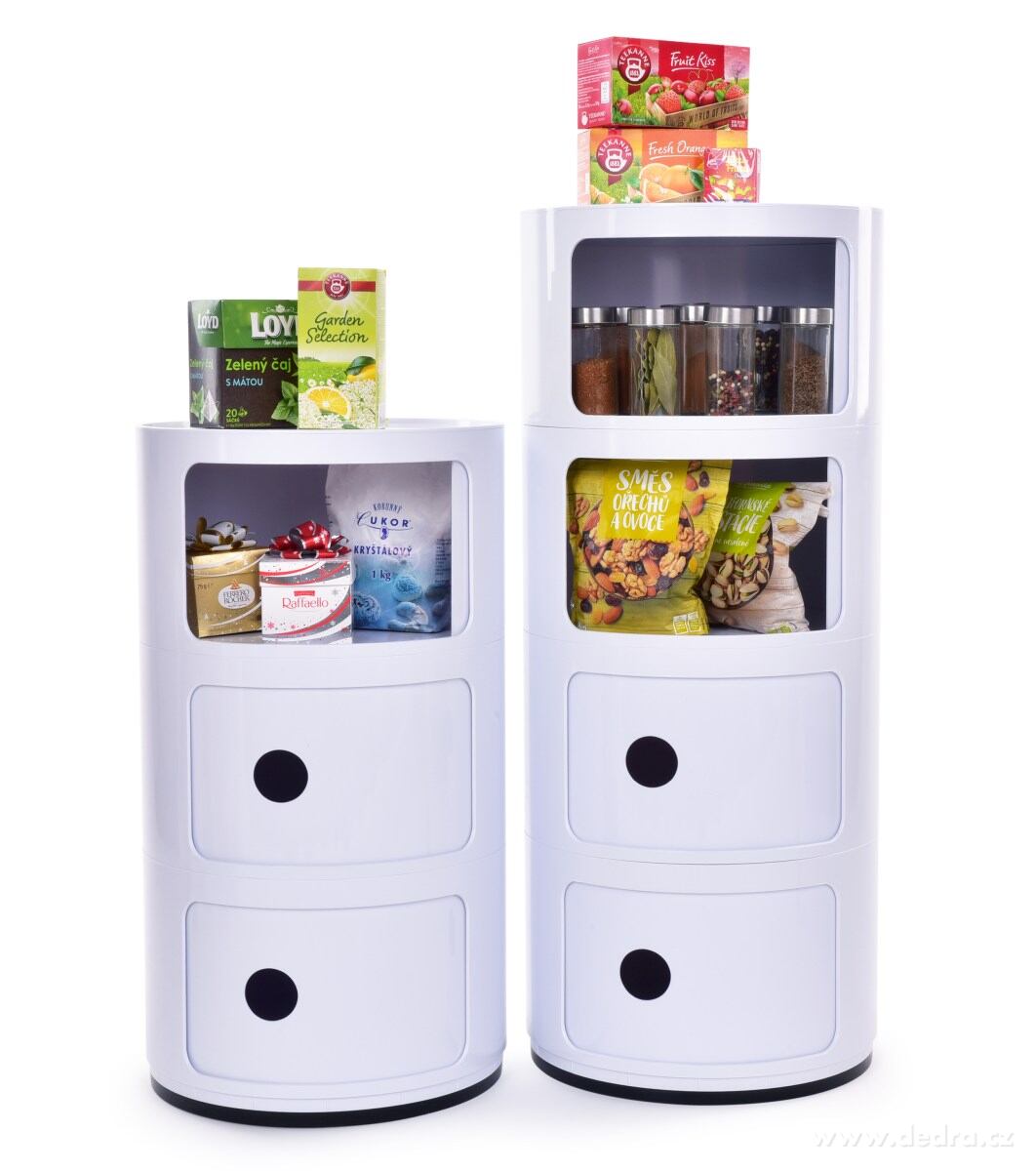 RONDO, kulatá skříňka se 4 policemi, designový stolek s posuvnými dvířky, výška 76 cm – náhled 4 | Grand Móda