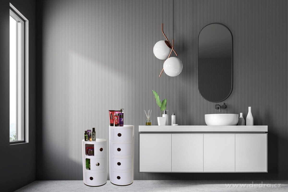 RONDO, kulatá skříňka se 4 policemi, designový stolek s posuvnými dvířky, výška 76 cm – náhled 5 | Grand Móda