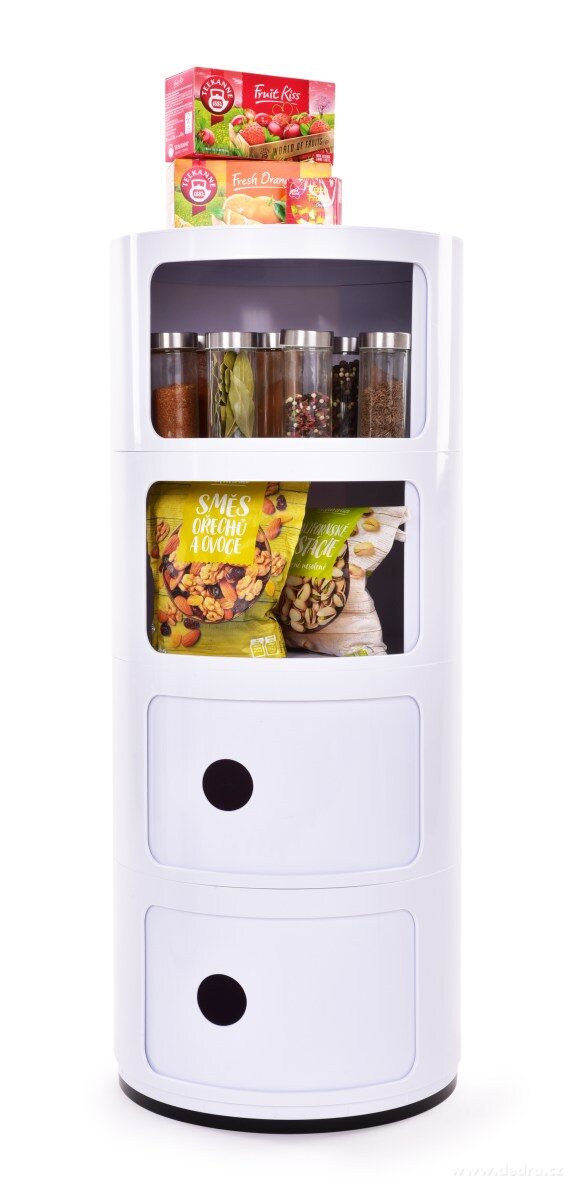 RONDO, kulatá skříňka se 4 policemi, designový stolek s posuvnými dvířky, výška 76 cm – náhled 6 | Grand Móda