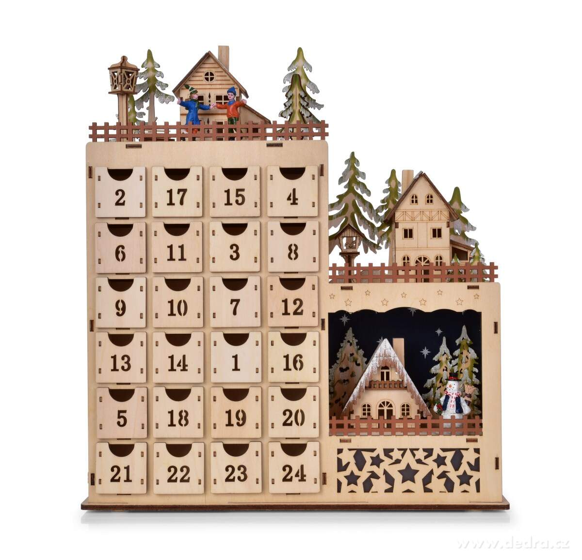 ADVENTNÍ LED KALENDÁŘ, velký dřevěný s vesnicí, 24 šuplíčků na dárky, výška 43 cm – náhled 3 | Grand Móda