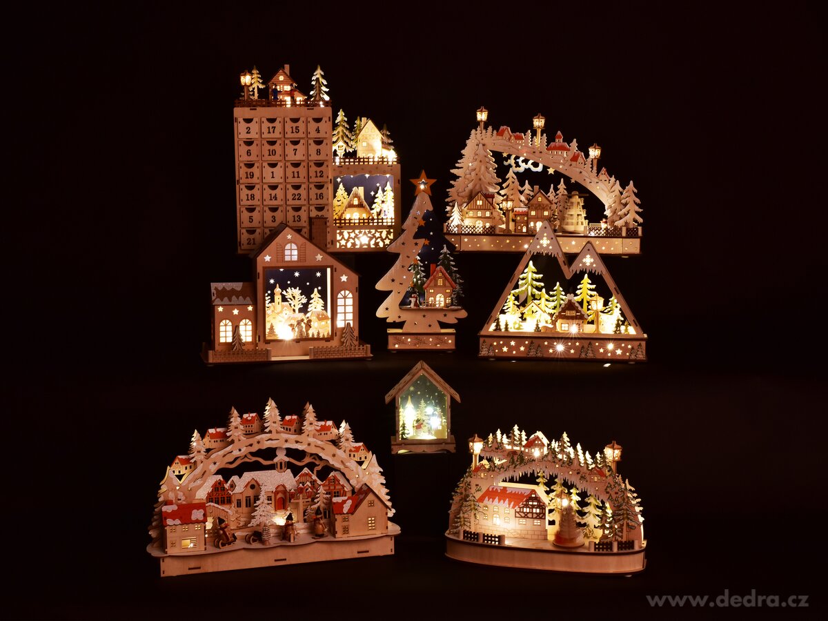 ADVENTNÍ LED KALENDÁŘ, velký dřevěný s vesnicí, 24 šuplíčků na dárky, výška 43 cm – náhled 4 | Grand Móda