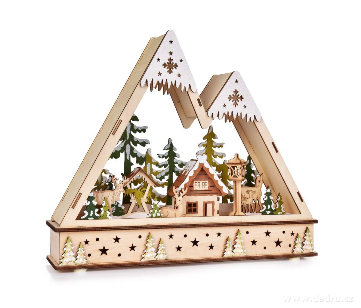 HORSKÉ LESNÍ ZÁTIŠÍ, dřevěná LED dekorace se zasněženou scenérií, šířka 35 cm – náhled 5 | Grand Móda