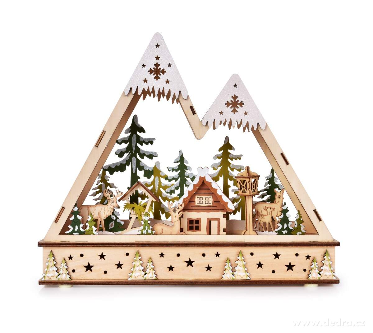 HORSKÉ LESNÍ ZÁTIŠÍ, dřevěná LED dekorace se zasněženou scenérií, šířka 35 cm – náhled 6 | Grand Móda