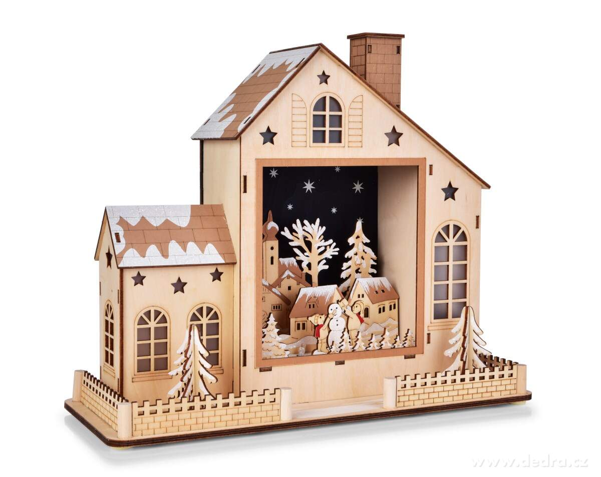 DŘEVĚNÝ DOMEK SE ZIMNÍ VESNIČKOU, LED dekorace, prosvícené zátiší, šířka 35 cm – náhled 2 | Grand Móda