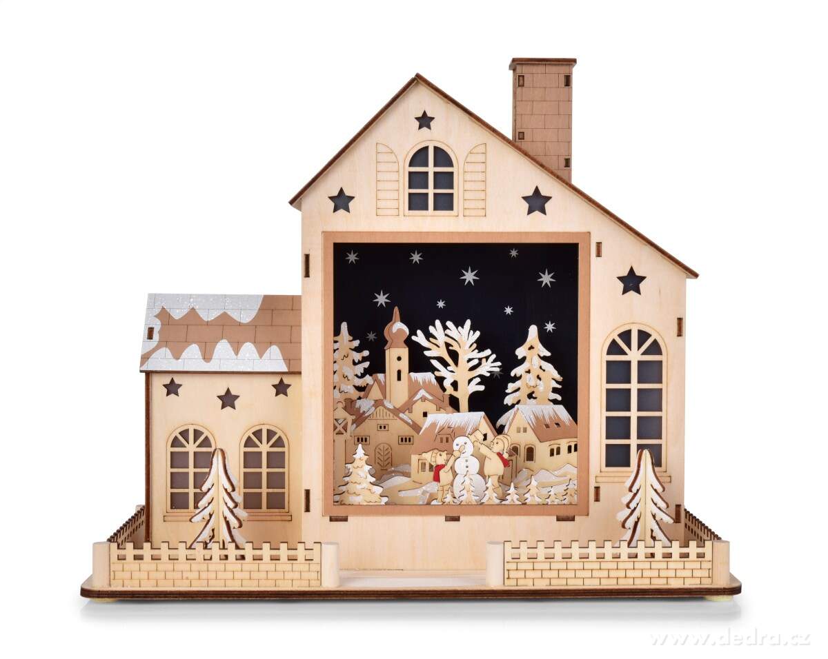DŘEVĚNÝ DOMEK SE ZIMNÍ VESNIČKOU, LED dekorace, prosvícené zátiší, šířka 35 cm – náhled 3 | Grand Móda