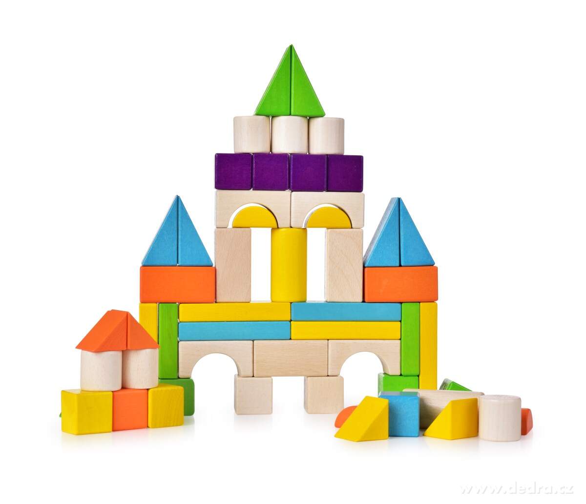 54 ks barevných dřevěných bukových kostek