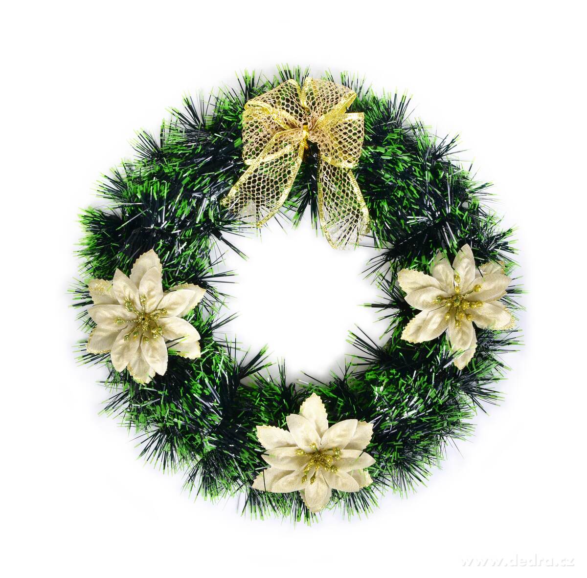 VÁNOČNÍ VĚNEC, zelený se zlatými květy, dekorace na stůl & dveře, Ø 30 cm | Tradiční odstíny Vánoc | Grand Móda