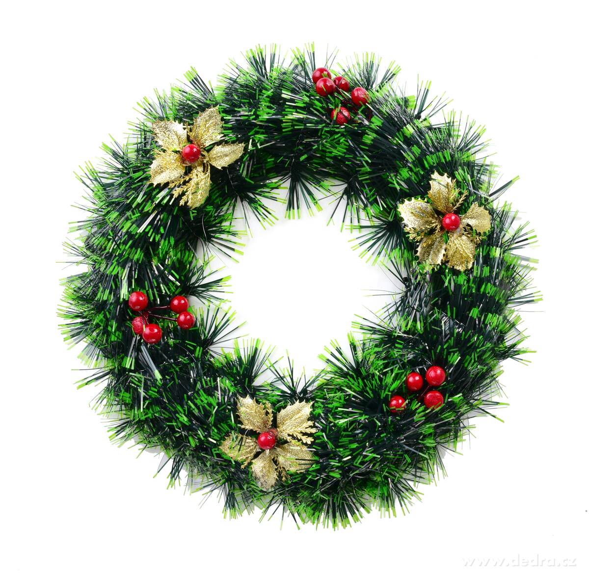 VÁNOČNÍ VĚNEC, zelený se zlatými květy & červenými bobulemi, dekorace na stůl & dveře, Ø 30 cm | Tradiční odstíny Vánoc | Grand Móda