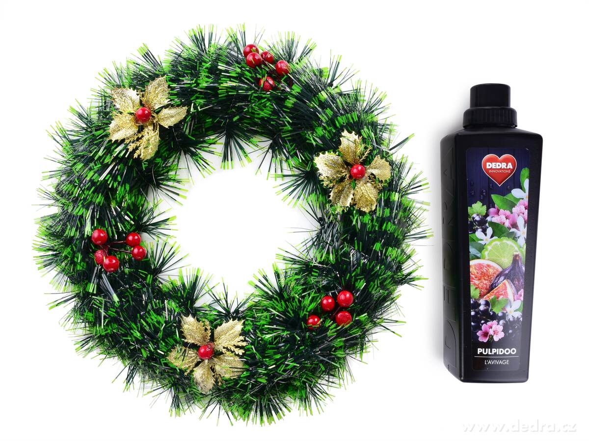 VÁNOČNÍ VĚNEC, zelený se zlatými květy & červenými bobulemi, dekorace na stůl & dveře, Ø 30 cm – náhled 5 | Grand Móda