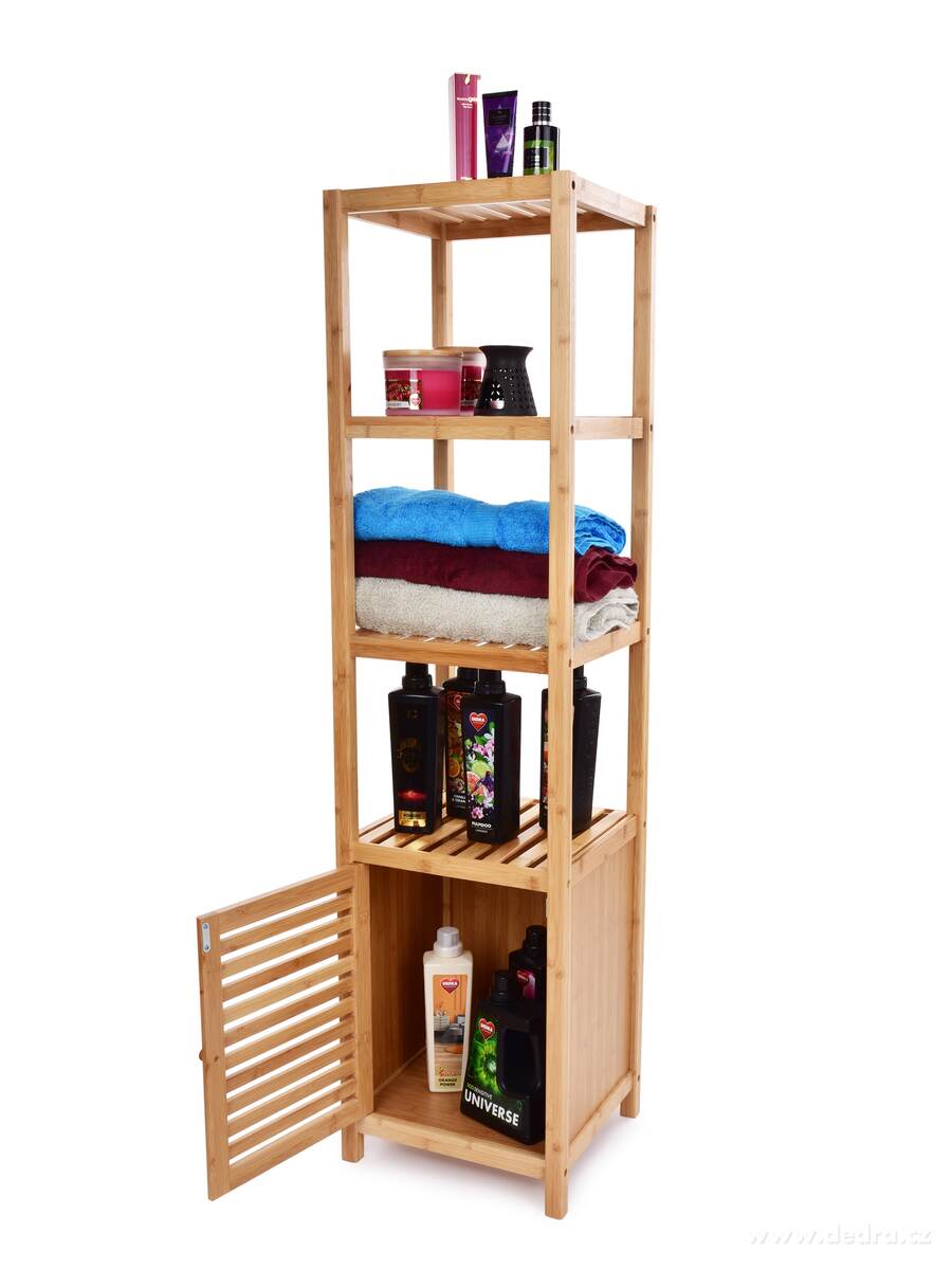GoEco®, Bambusový regál se 3 policemi a skříňkou se dvířky, 140 cm – náhled 2 | Grand Móda