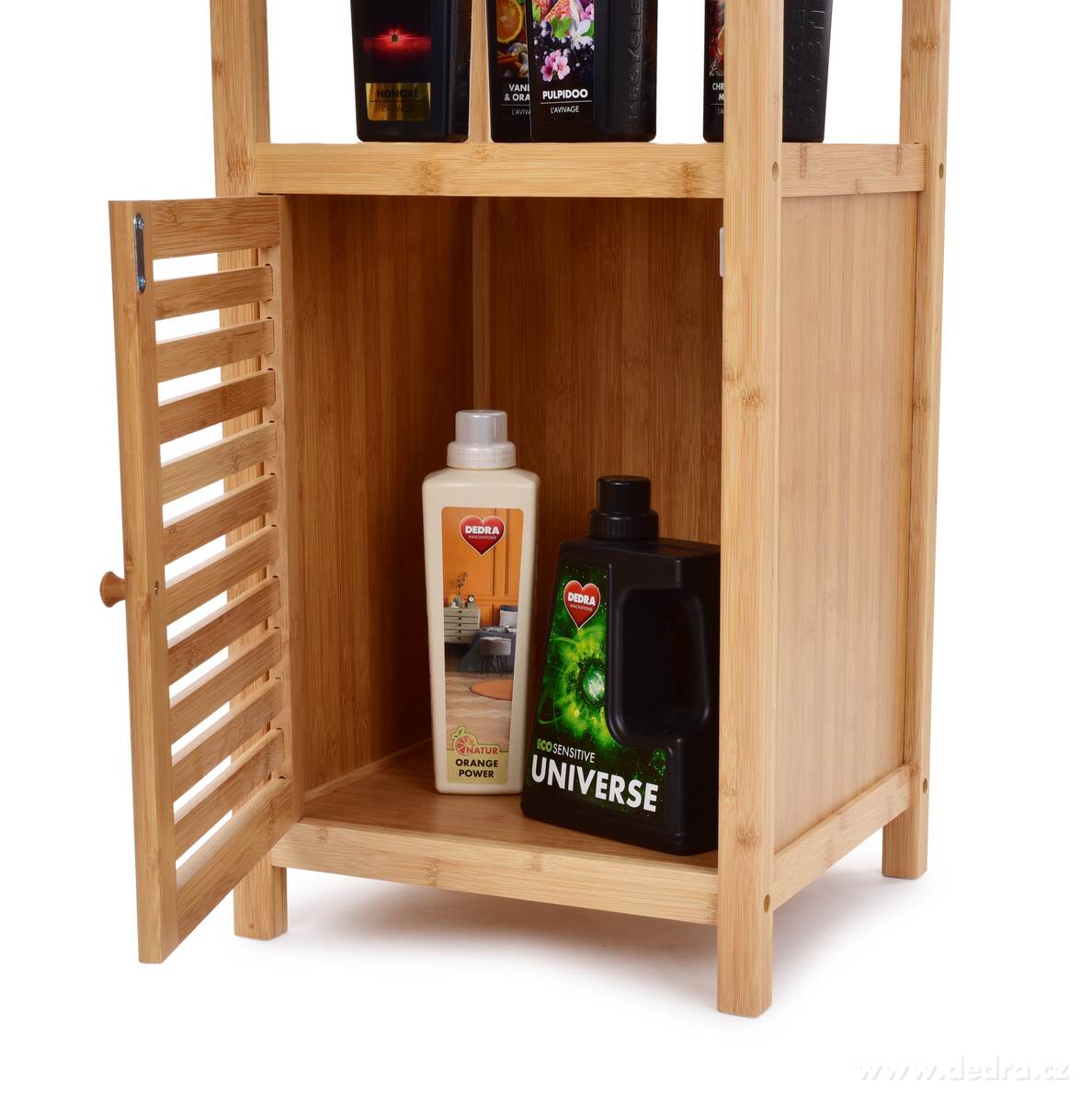 GoEco®, Bambusový regál se 3 policemi a skříňkou se dvířky, 140 cm – náhled 6 | Grand Móda