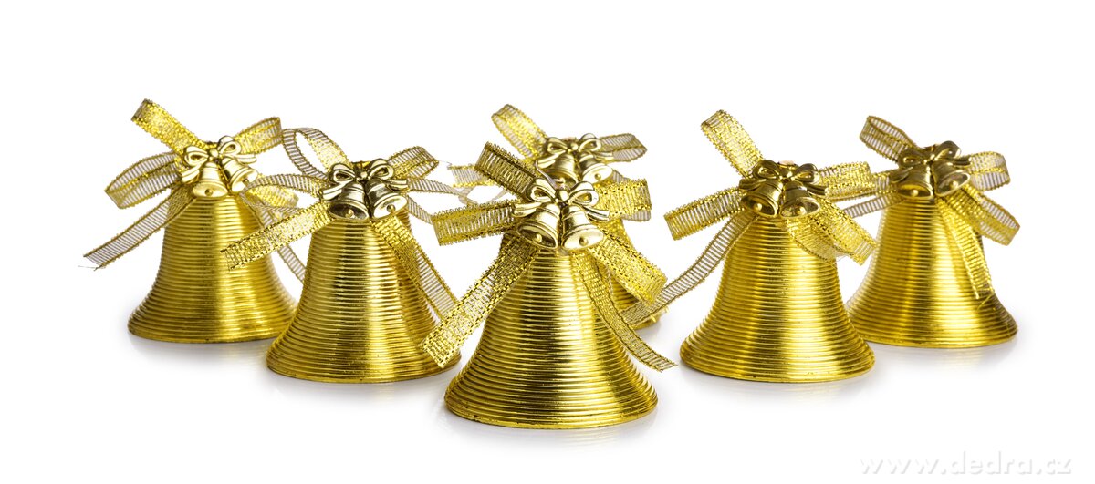 ROMANTICKÉ ZVONĚNÍ, zlaté vánoční zvonečky s mašlí, sada 6 ks, 5, 5 cm | Tradiční odstíny Vánoc | Grand Móda