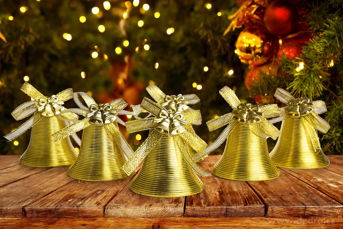 ROMANTICKÉ ZVONĚNÍ, zlaté vánoční zvonečky s mašlí, sada 6 ks, 5, 5 cm – náhled 3 | Grand Móda