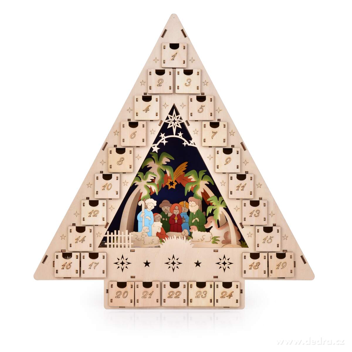 BETLÉMSKÝ STROM, LED adventní kalendář se scénou Betléma, 24 zásuvek, výška 41 cm – náhled 2 | Grand Móda