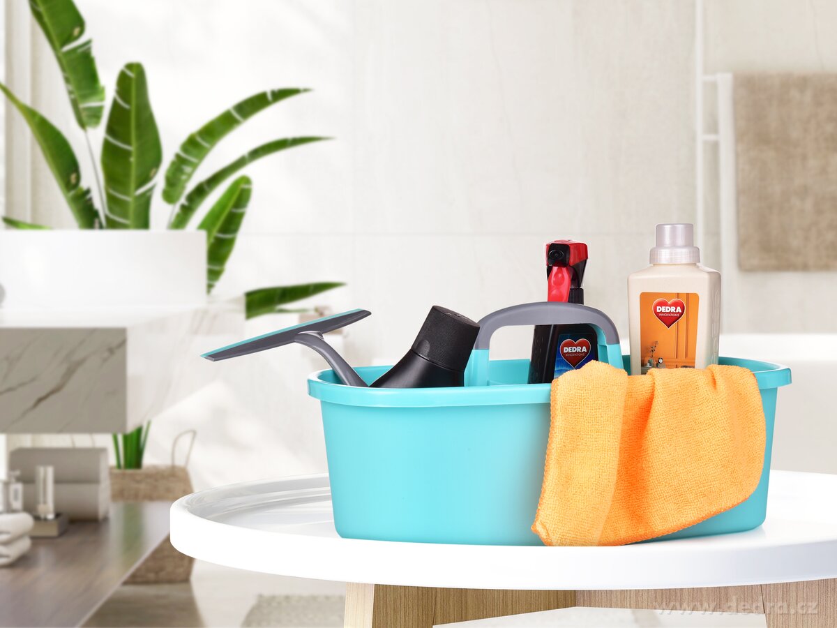 VODNESÚKLID, nosič na úklidové prostředky, praktický plastový organizér s madlem, 40 cm, mintový – náhled 3 | Grand Móda