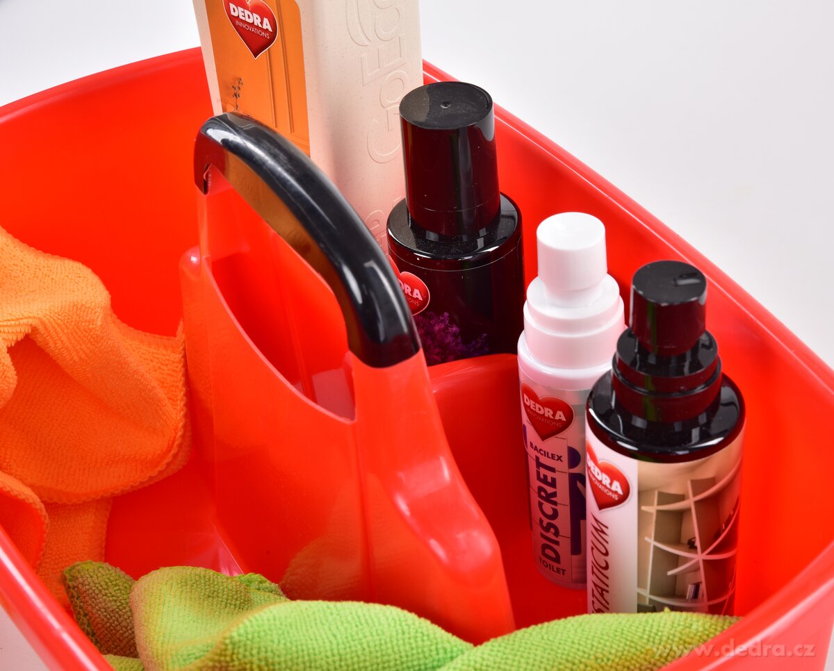 VODNESÚKLID, nosič na úklidové prostředky, plastový organizér s madlem, 40 cm, červený – náhled 3 | Grand Móda