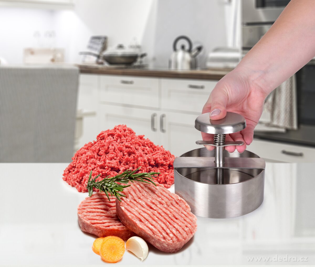 HAMBÁTOR CHEF, nerezový masivní lis na karbanátky, hamburgery a placky – náhled 3 | Grand Móda