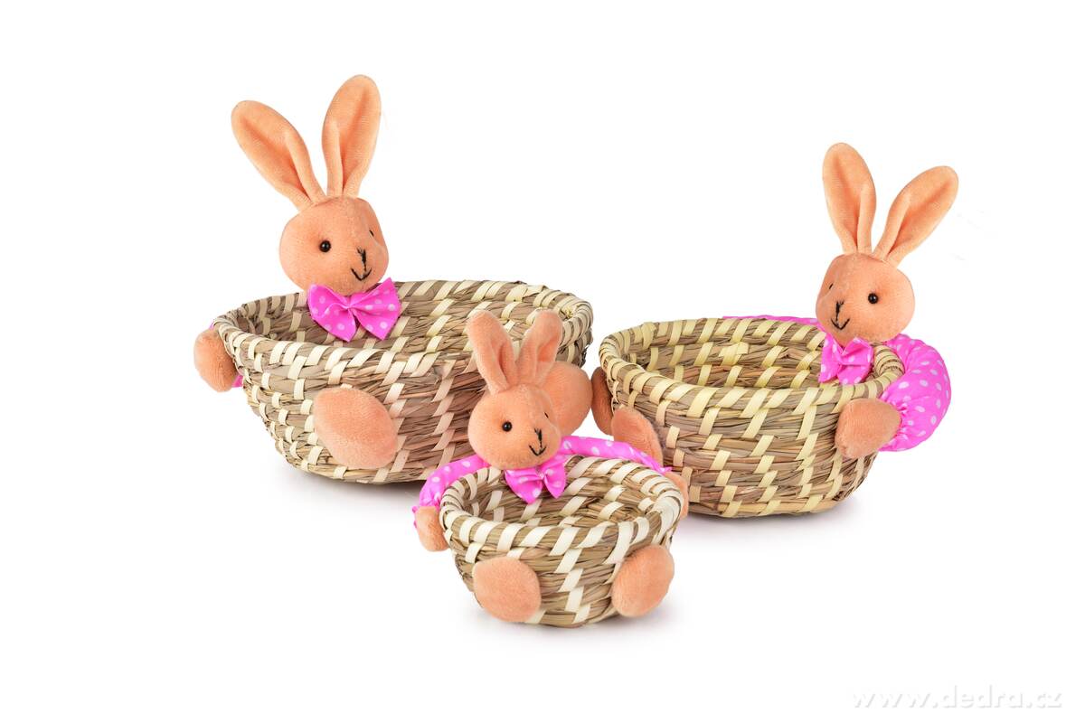 3 ks ošatka z přírodní slámy s veselými zajíci