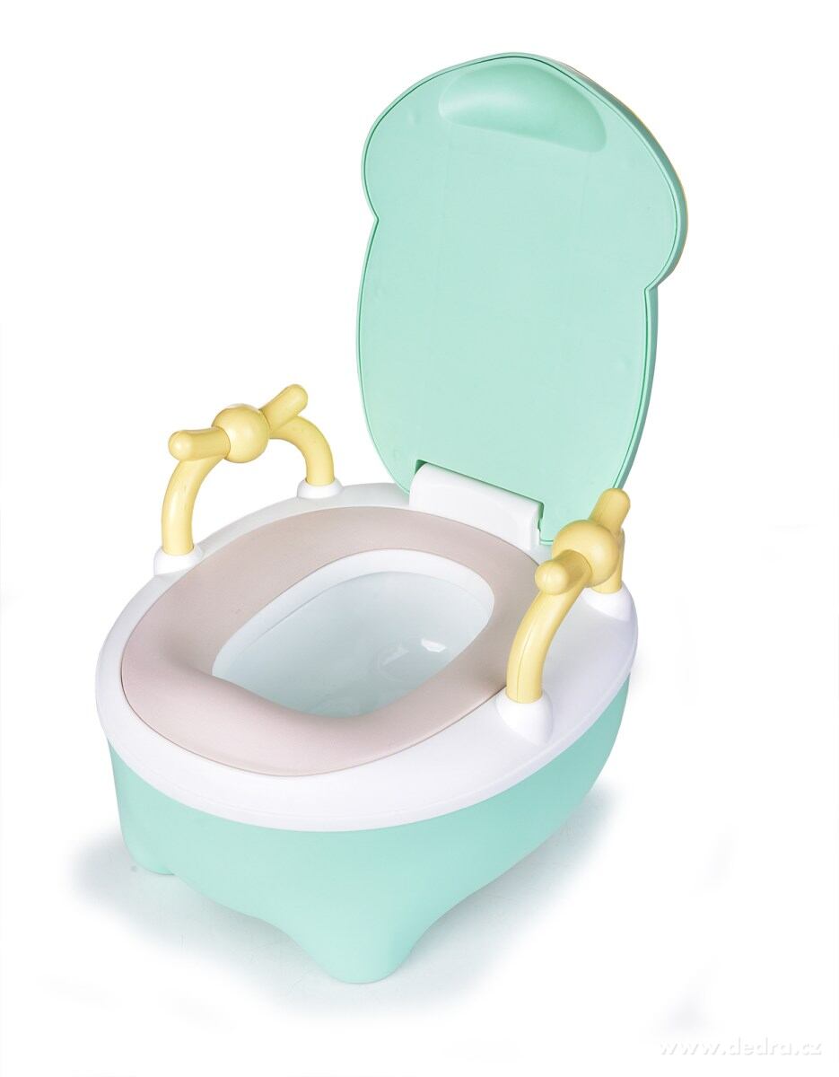 BABY HROCH, dětský nočník s motivem hrošíka, s víkem, uchy a kartáčkem, objem 1500 ml, mátový – náhled 3 | Grand Móda