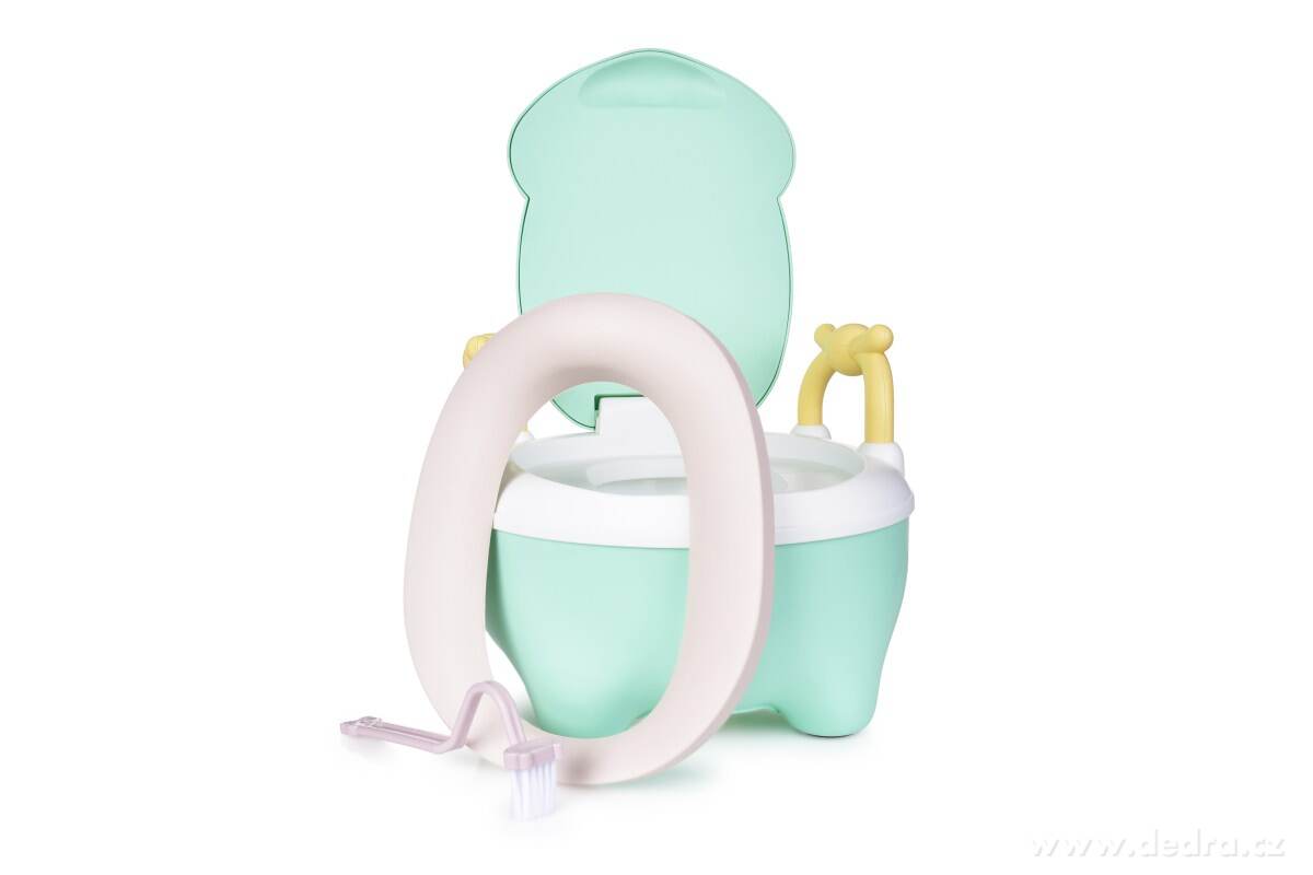 BABY HROCH, dětský nočník s motivem hrošíka, s víkem, uchy a kartáčkem, objem 1500 ml, mátový – náhled 6 | Grand Móda