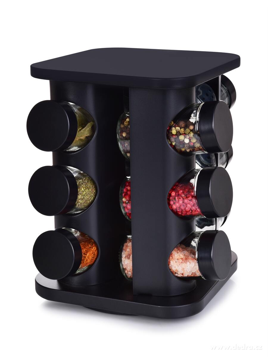 CAROUSEL, kořenkový kolotoč černý, 12 kořenek, 3patrový otočný stojan na koření 360° | Kořenky | Grand Móda