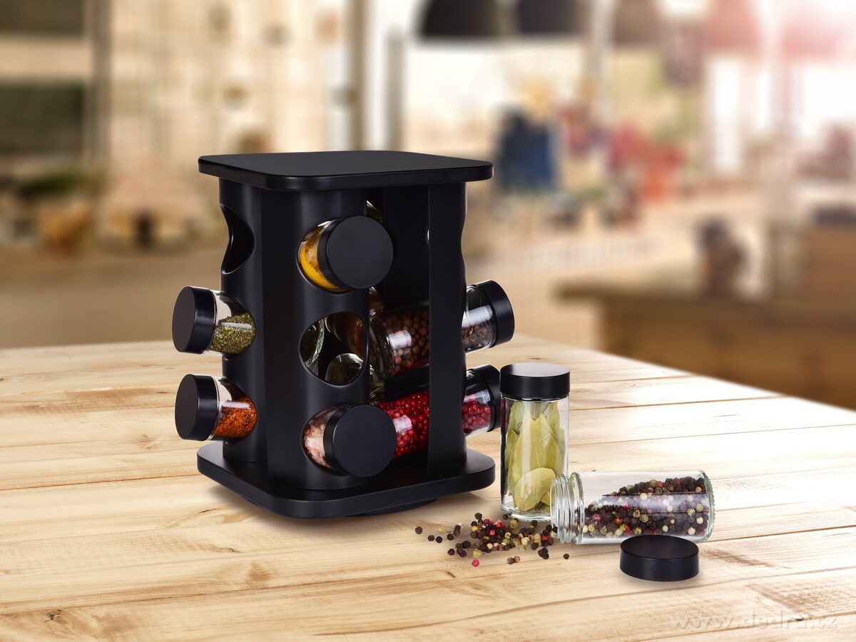 CAROUSEL, kořenkový kolotoč černý, 12 kořenek, 3patrový otočný stojan na koření 360° – náhled 3 | Grand Móda