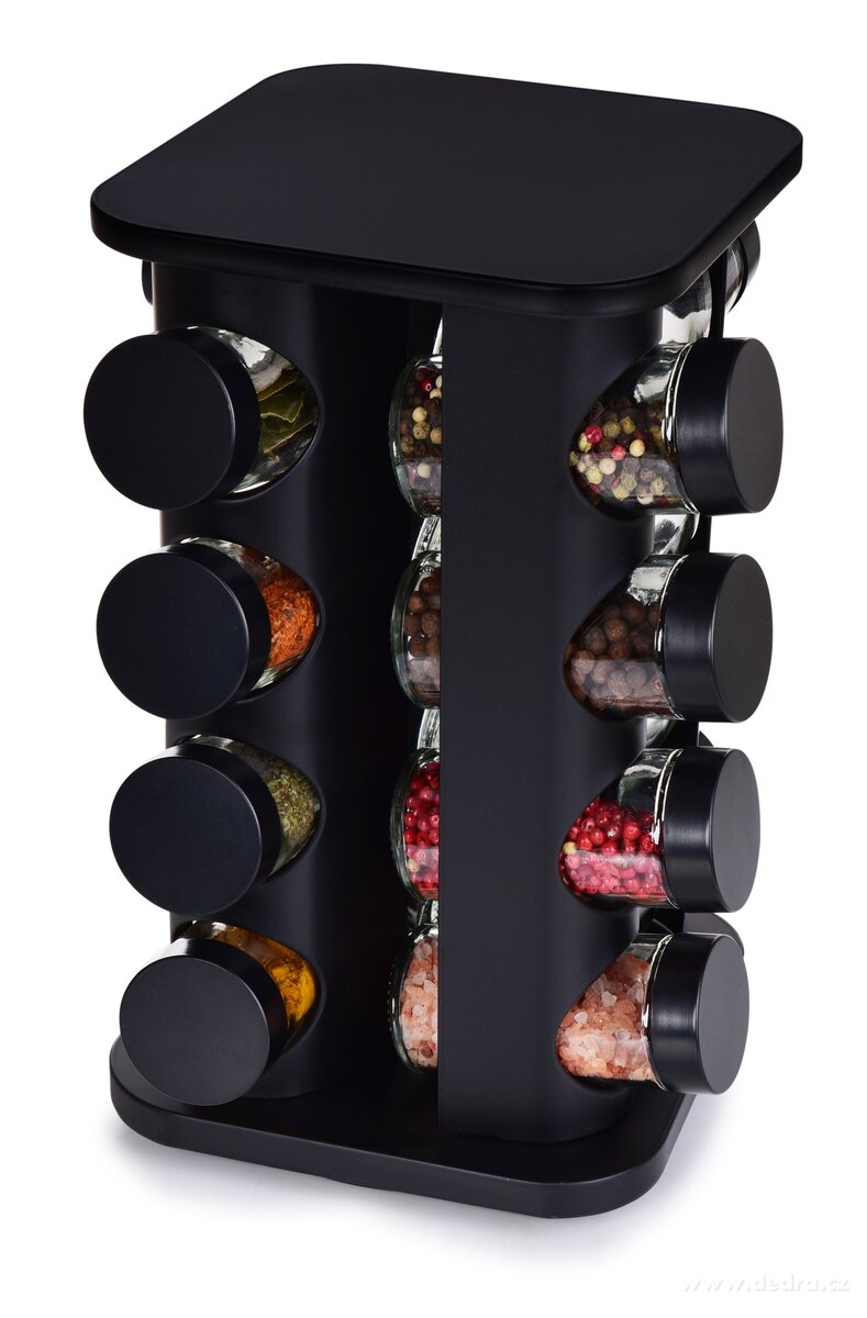 CAROUSEL, kořenkový kolotoč černý, 16 kořenek, 4patrový otočný stojan na koření 360° | Kořenky | Grand Móda