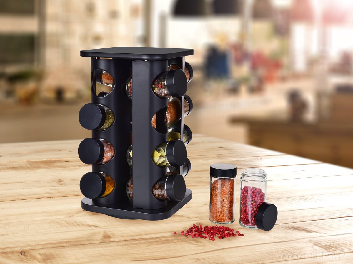 CAROUSEL, kořenkový kolotoč černý, 16 kořenek, 4patrový otočný stojan na koření 360° – náhled 3 | Grand Móda