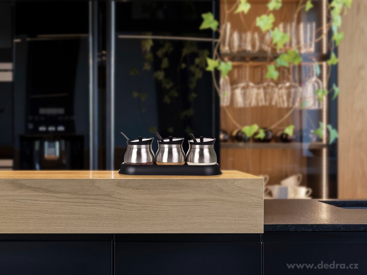 BOROSIL, Sada 3 ks 280 ml skleněných dóz na potraviny a koření s víčkem, nerez lžičkami a podstavcem, černá – náhled 3 | Grand Móda