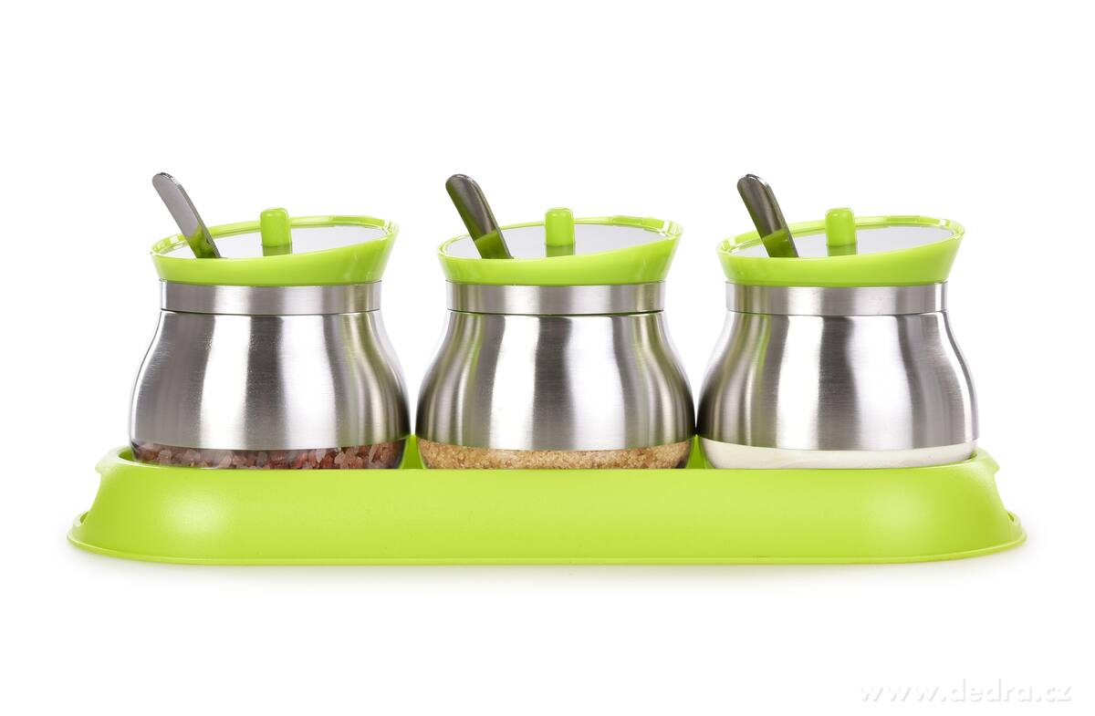 BOROSIL, Sada 3 ks 280 ml skleněných dóz na potraviny a koření s víčkem, nerez lžičkami a podstavcem, zelená | Dochucování jídel | Grand Móda