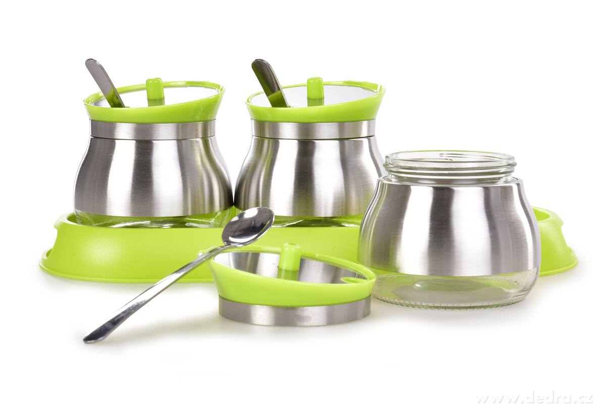 BOROSIL, Sada 3 ks 280 ml skleněných dóz na potraviny a koření s víčkem, nerez lžičkami a podstavcem, zelená – náhled 2 | Grand Móda
