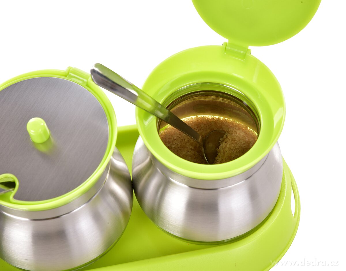 BOROSIL, Sada 3 ks 280 ml skleněných dóz na potraviny a koření s víčkem, nerez lžičkami a podstavcem, zelená – náhled 4 | Grand Móda