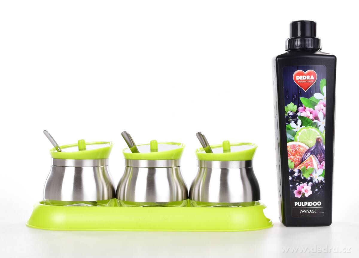 BOROSIL, Sada 3 ks 280 ml skleněných dóz na potraviny a koření s víčkem, nerez lžičkami a podstavcem, zelená – náhled 5 | Grand Móda