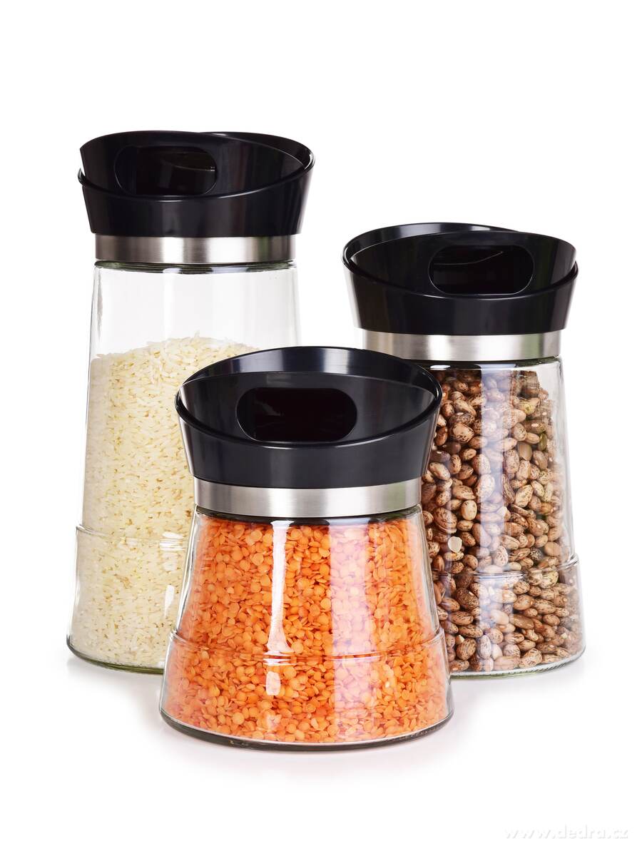 BOROSIL, 600 ml + 900 ml + 1200 ml, skleněné dózy na sypké potraviny s otočným dávkovacím víkem | Dózy na sypké potraviny | Grand Móda