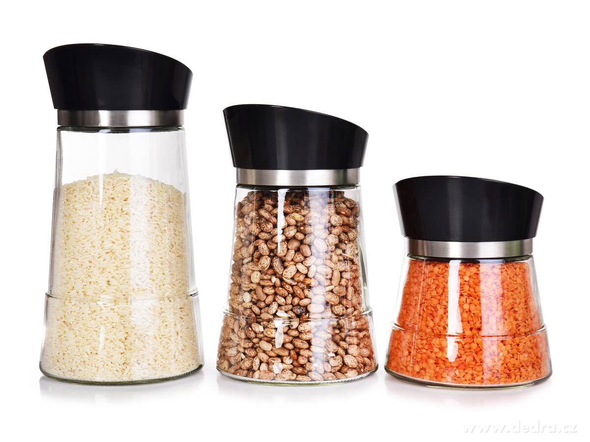 BOROSIL, 600 ml + 900 ml + 1200 ml, skleněné dózy na sypké potraviny s otočným dávkovacím víkem – náhled 2 | Grand Móda