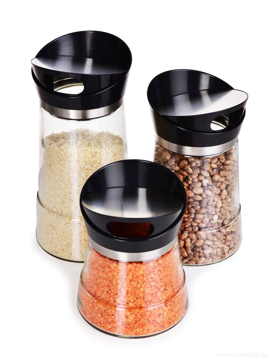 BOROSIL, 600 ml + 900 ml + 1200 ml, skleněné dózy na sypké potraviny s otočným dávkovacím víkem – náhled 5 | Grand Móda
