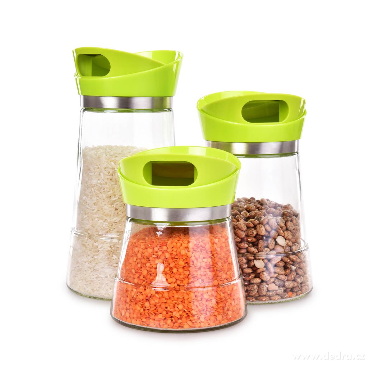 3 ks skleněné dózy na sypké potraviny s otočným víkem, zelené | Dózy na sypké potraviny | Grand Móda