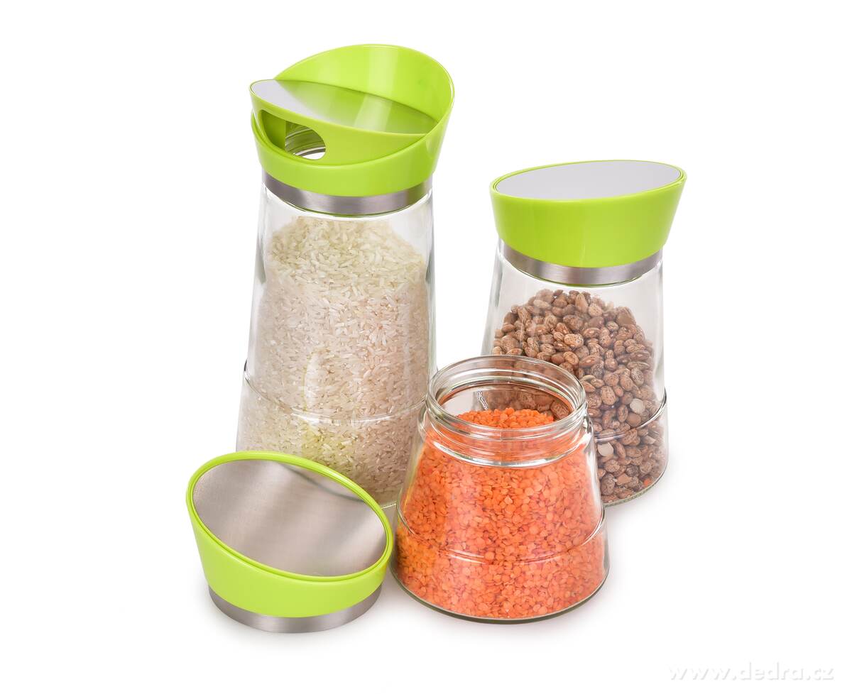 3 ks skleněné dózy na sypké potraviny s otočným víkem, zelené – náhled 2 | Grand Móda