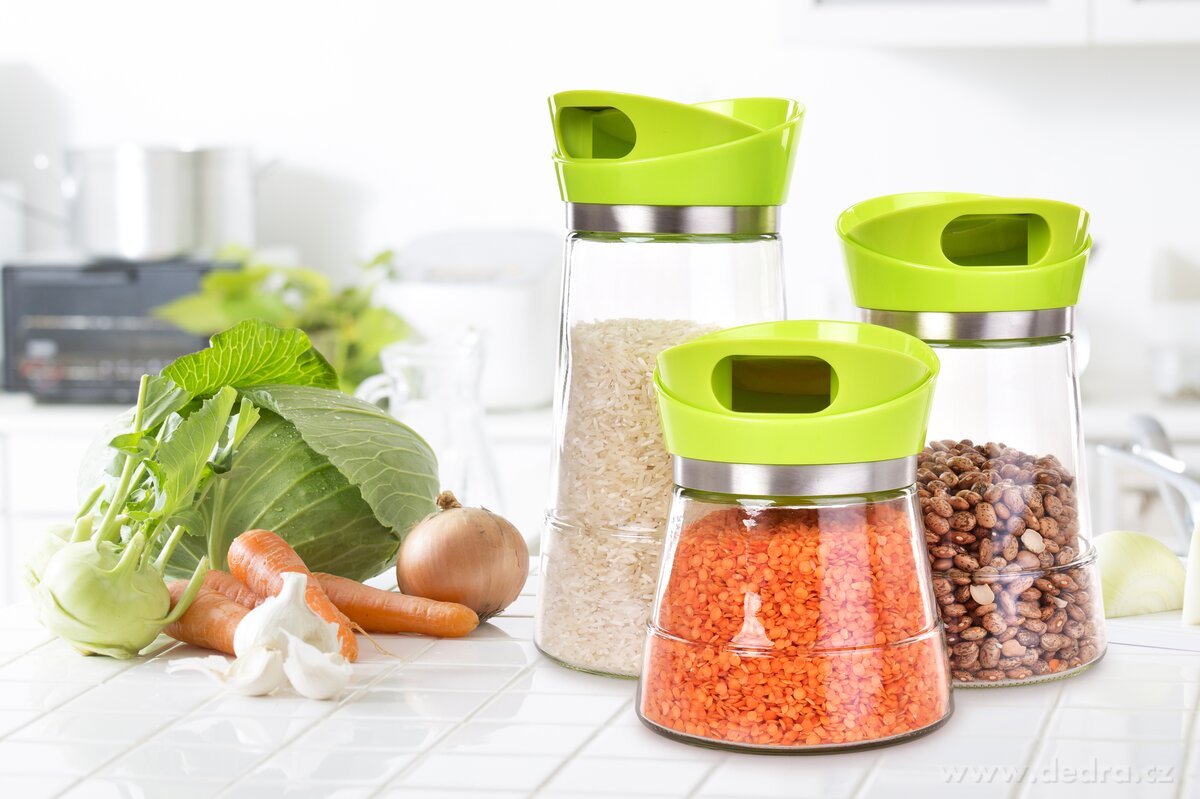 3 ks skleněné dózy na sypké potraviny s otočným víkem, zelené – náhled 3 | Grand Móda