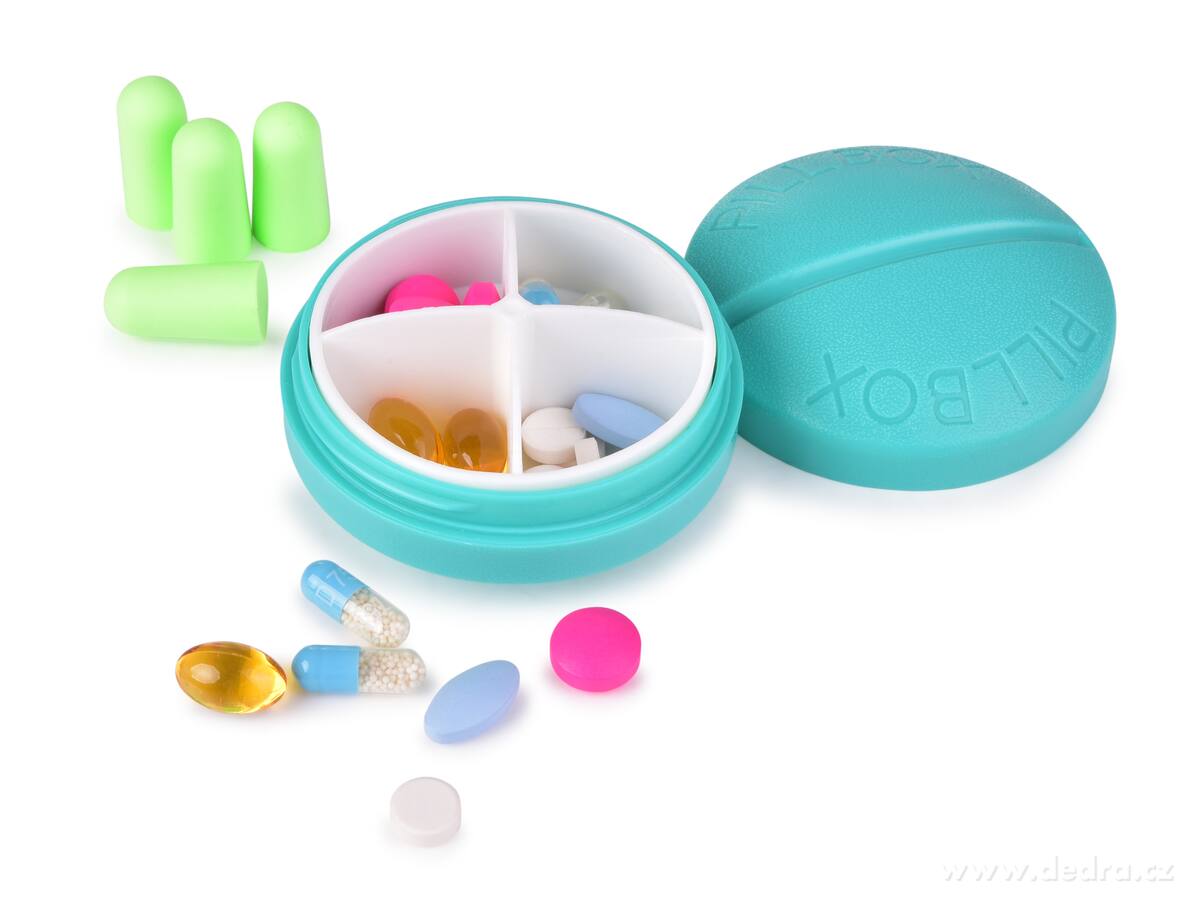 LÉKOVNÍK, Zásobník na léky a vitamíny, 4 přihrádky + špunty do uší | Zásobníky na léky | Grand Móda