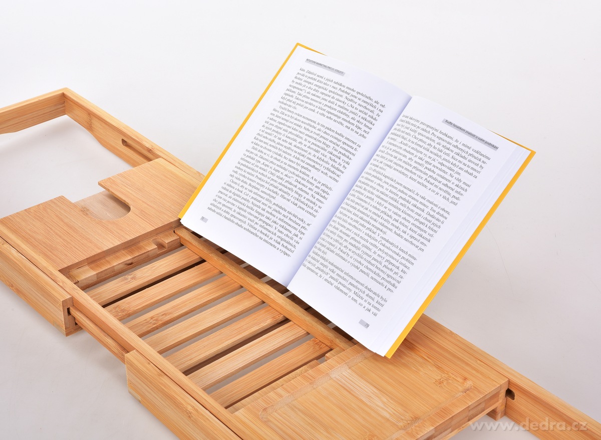GoEco®, Nastavitelný bambusový stolek na vanu, držák na knihu, tablet i sklenici vína, 70–104 cm – náhled 3 | Grand Móda