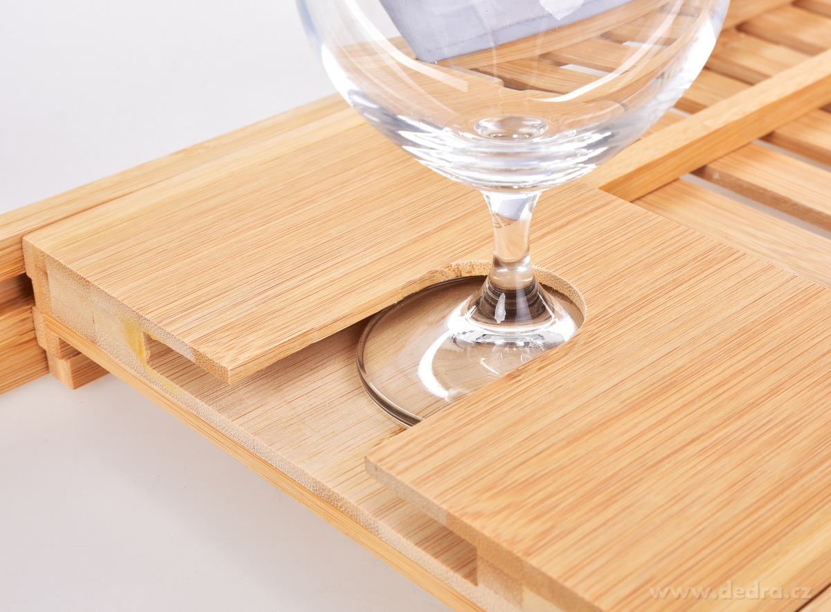 GoEco®, Nastavitelný bambusový stolek na vanu, držák na knihu, tablet i sklenici vína, 70–104 cm – náhled 5 | Grand Móda