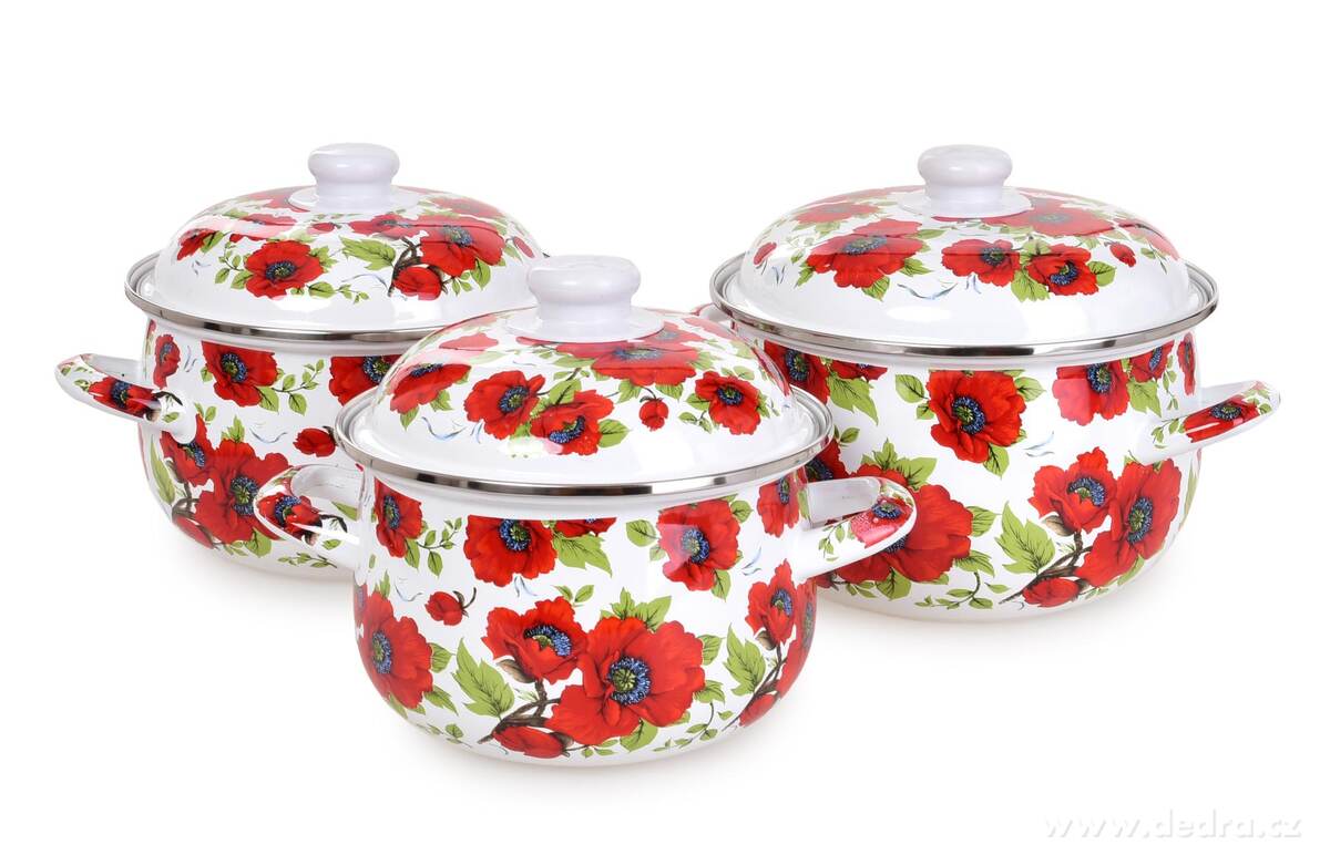 RUSTICAL, 6dílná sada smaltovaných silnostěnných hrnců s poklicemi, makové květy