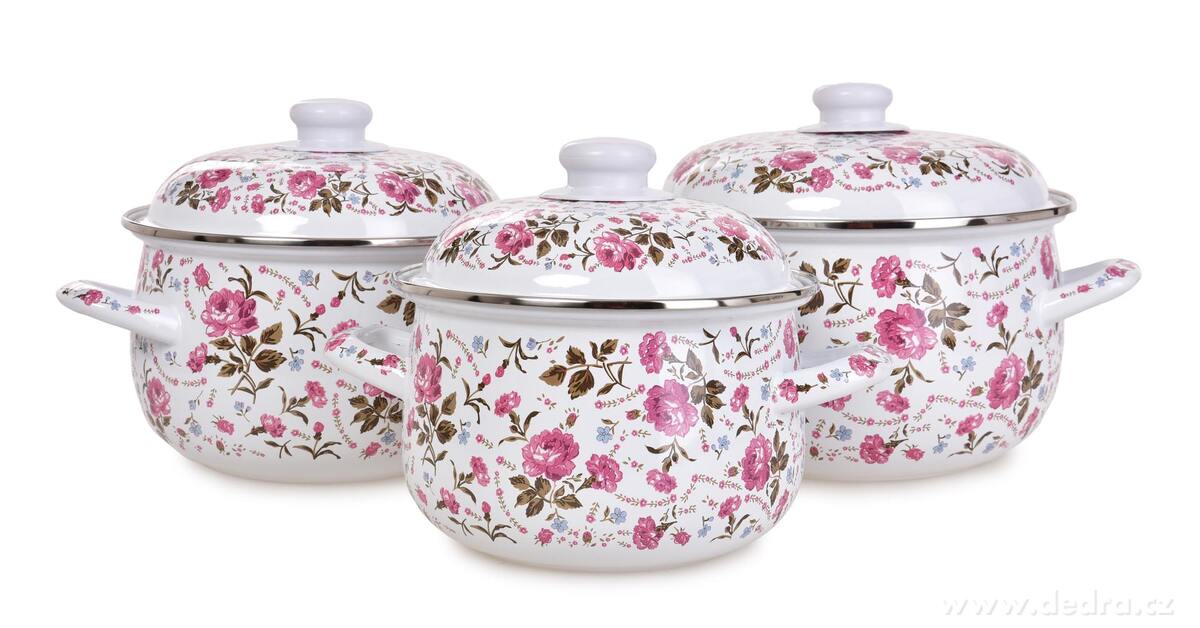 RUSTICAL, 6dílná sada smaltovaných silnostěnných hrnců s poklicemi, květinový motiv