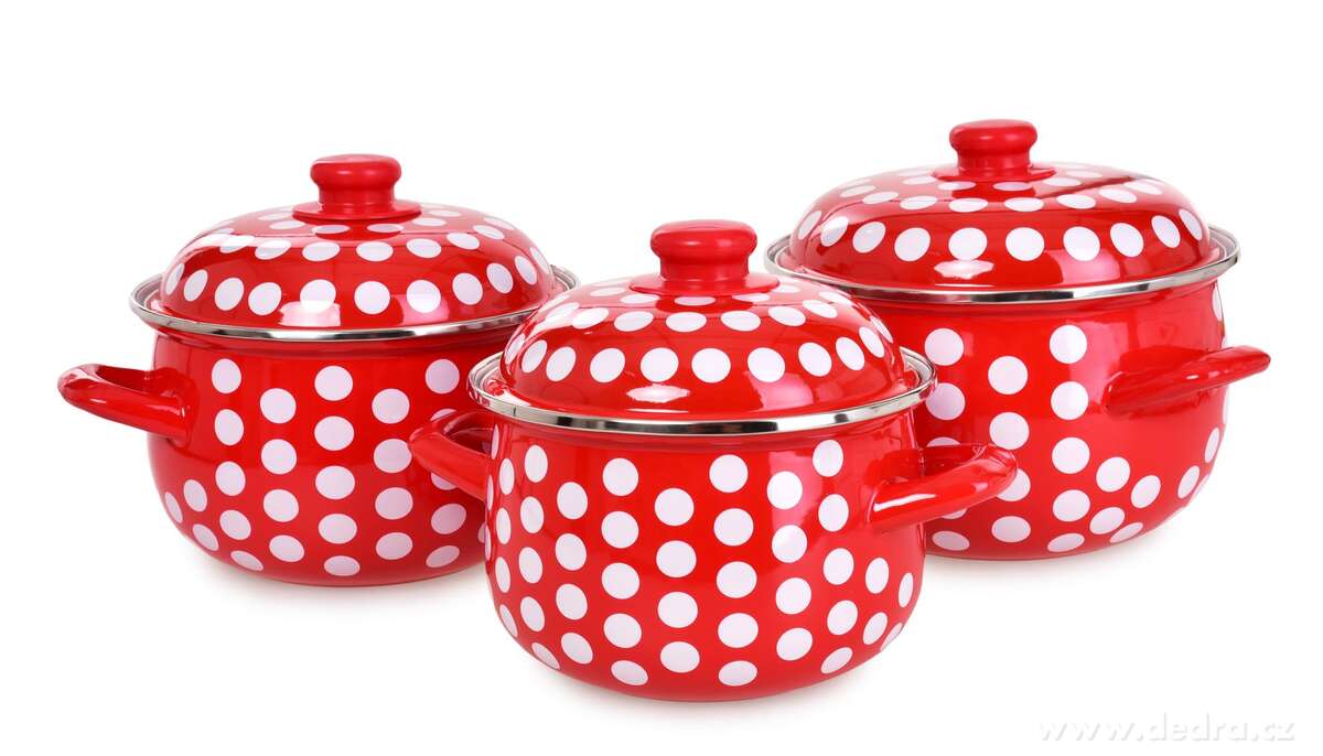 RUSTICAL, 6dílná sada smaltovaných silnostěnných hrnců s poklicemi, červené s puntíky